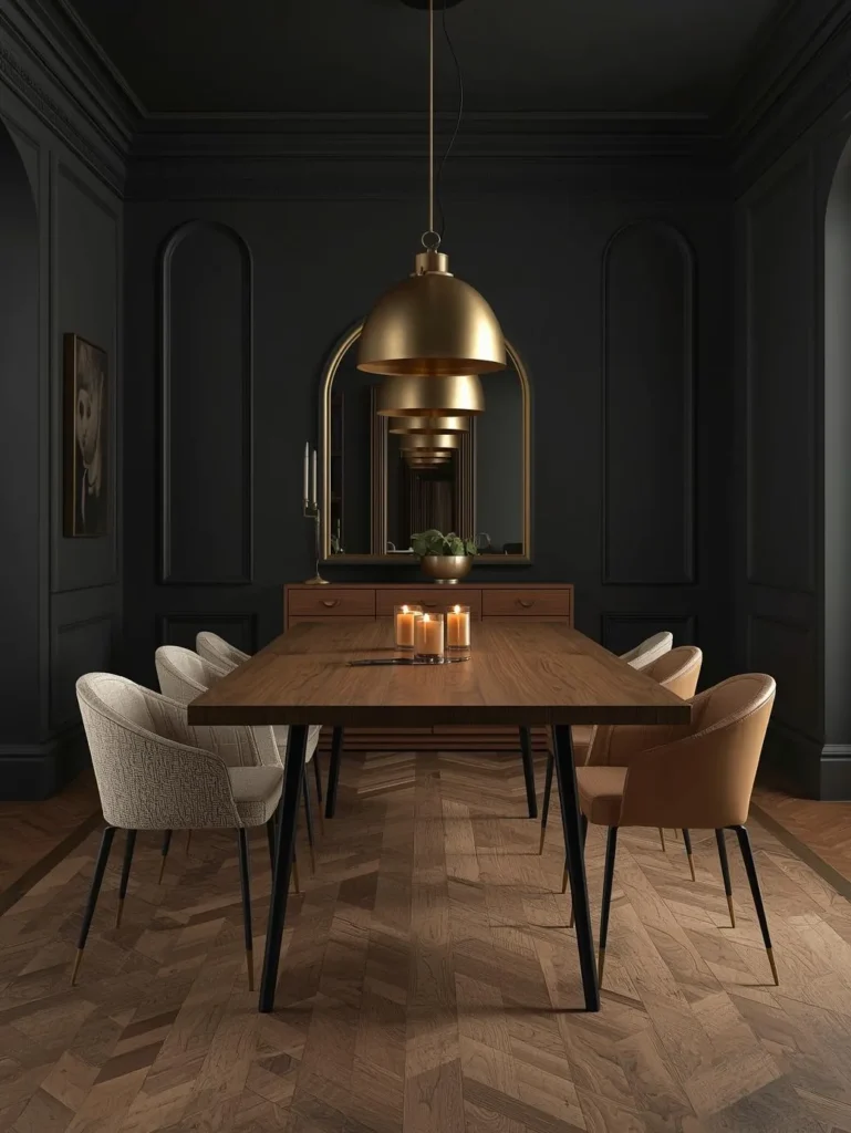 A dedicated dining room with deep charcoal near-black painted walls