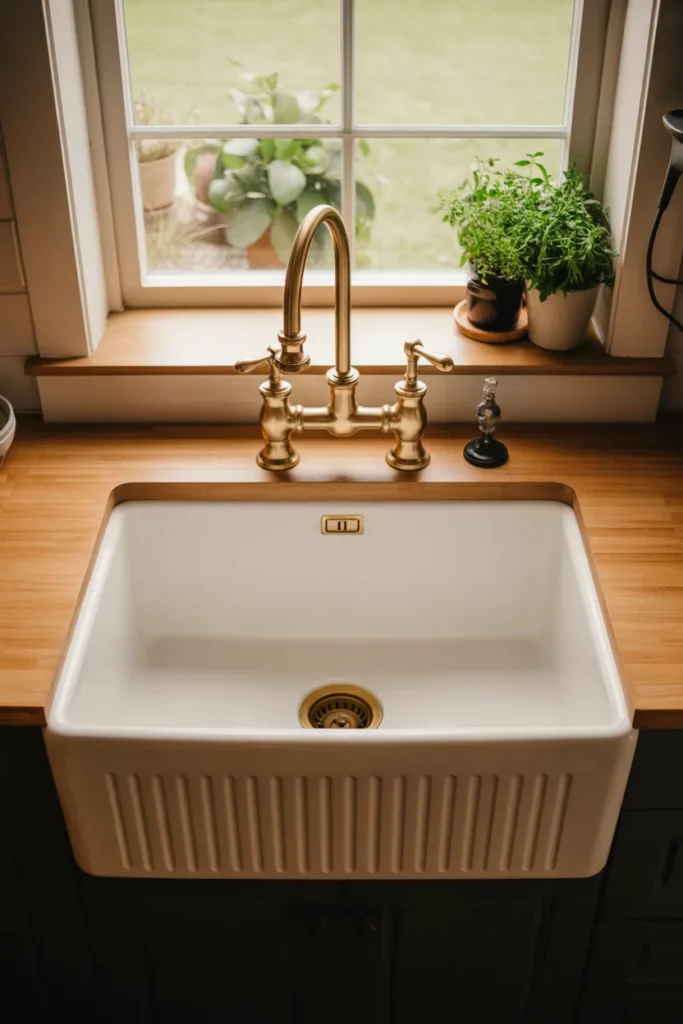 A deep white fireclay farmhouse apron-front sink set into a butcher block countertop