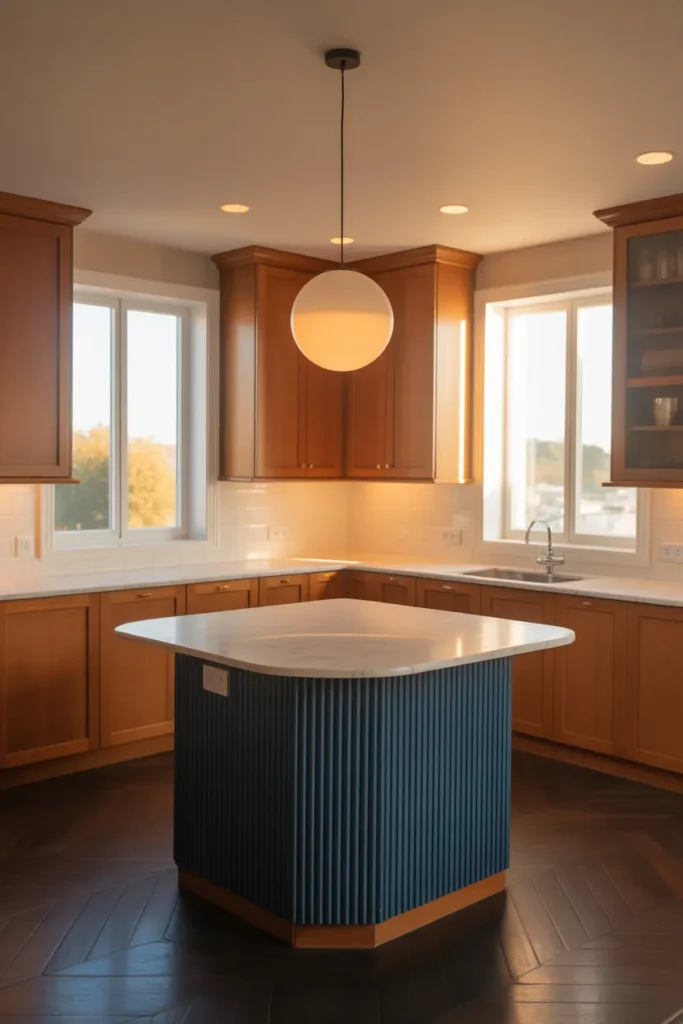 A diamond‑shaped island with white marble top and dark blue base