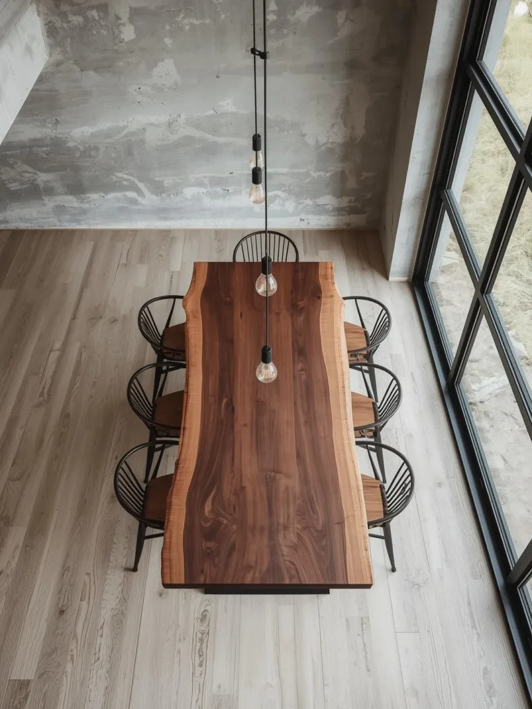 A dining room centered on a live-edge walnut dining table