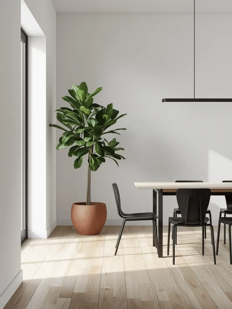 A dining room corner with a tall fiddle leaf fig tree