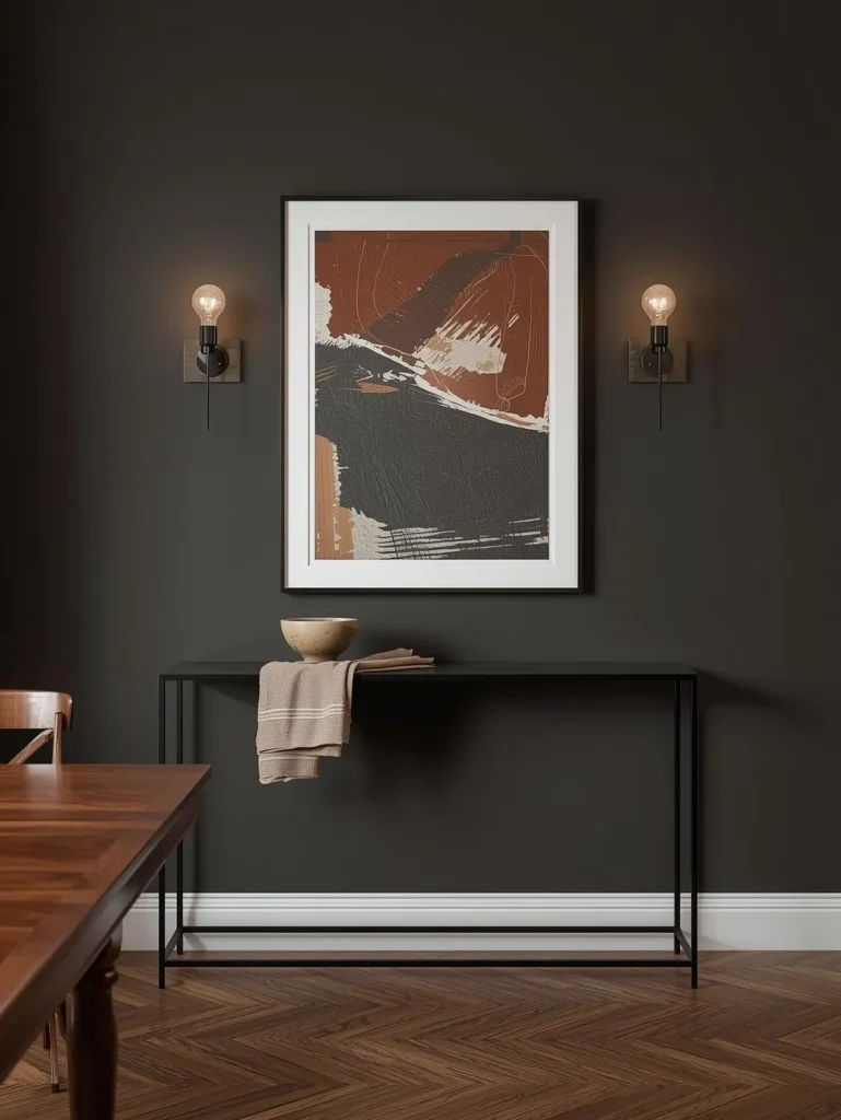 A dining room feature wall with a large abstract art print