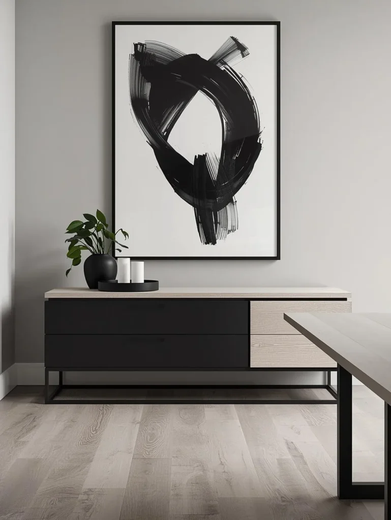 A dining room featuring a low black powder-coated steel and white oak sideboard against a light grey wall