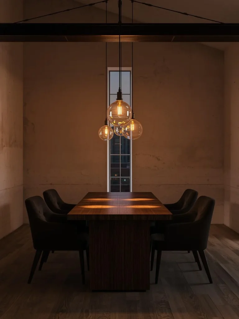 A dining room photographed at dusk with three oversized clear globe pendants
