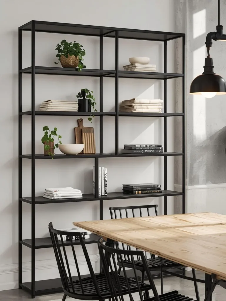A dining room with a matte black steel open shelving unit mounted