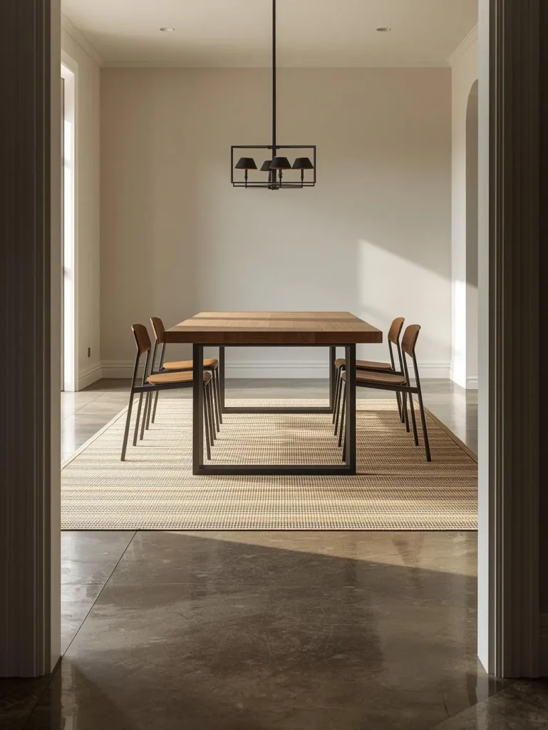 A dining room with an 8x10 low-pile flatweave rug