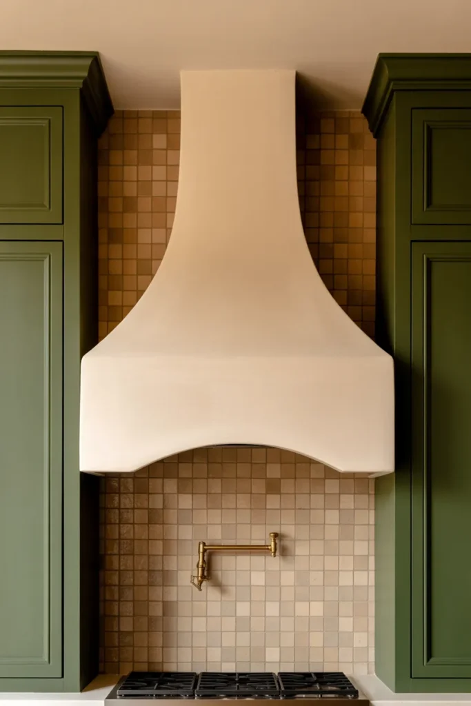 A dramatic kitchen focal wall centered on a curved arch plaster range hood in warm white