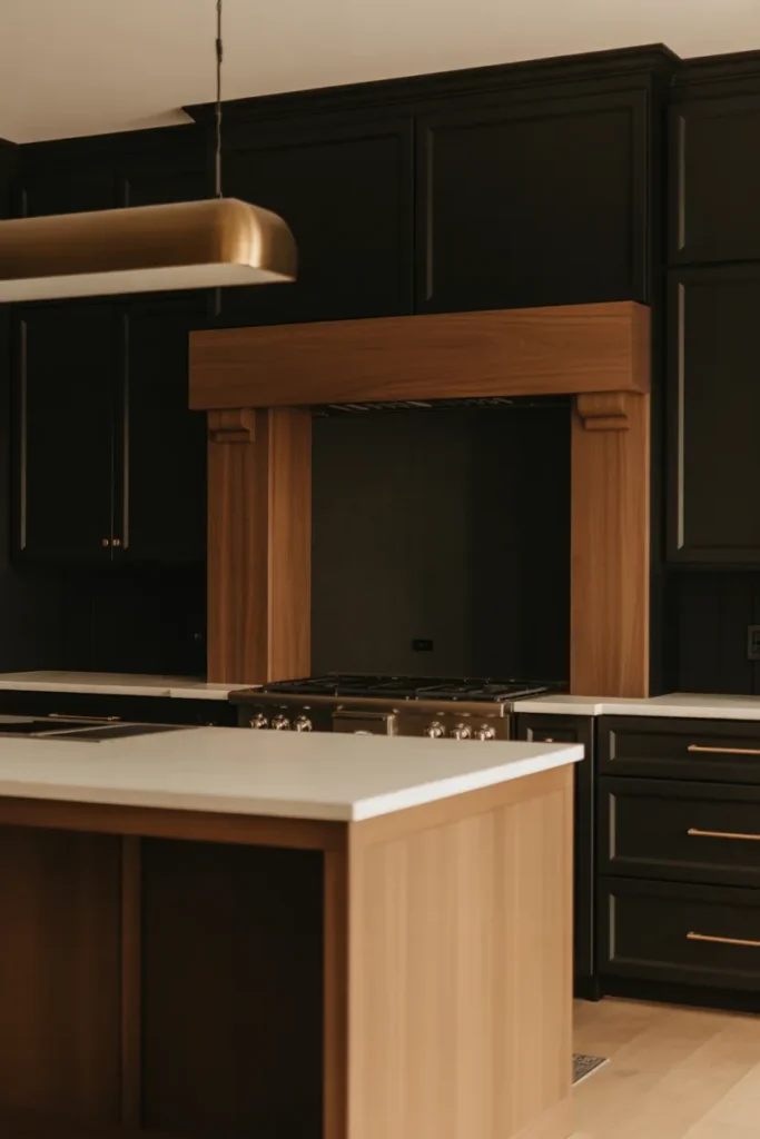 A dramatic kitchen with matte black perimeter cabinets and a warm white oak island with a waterfall edge