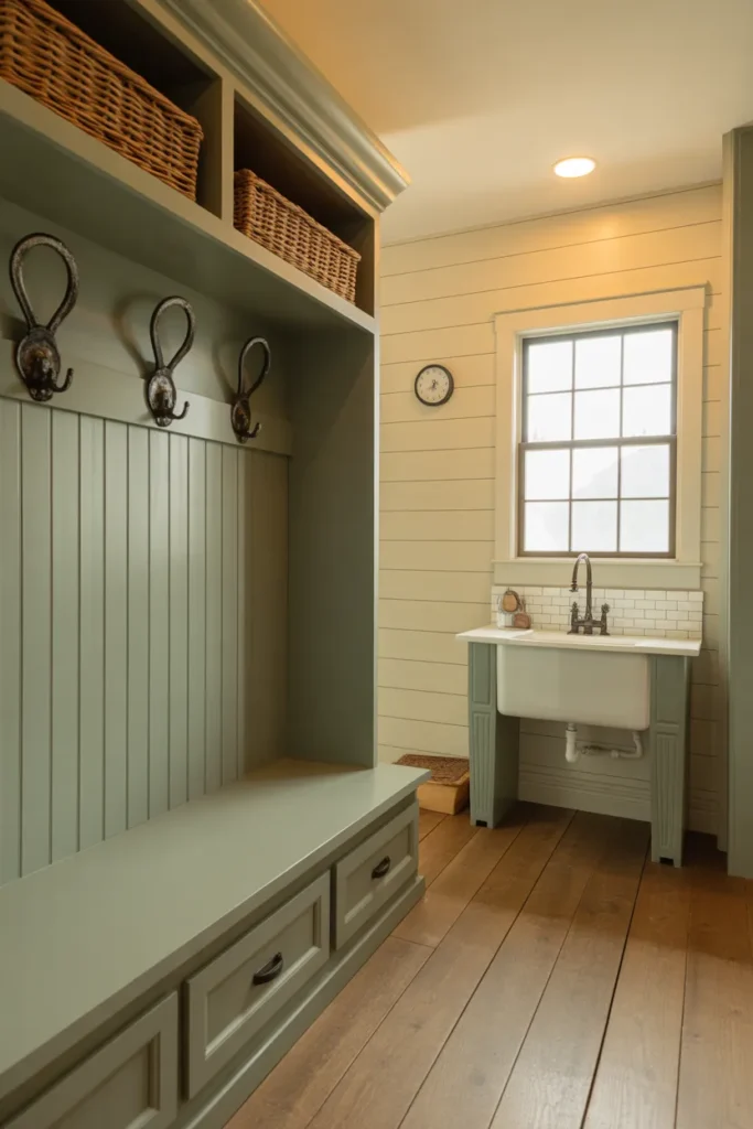A farmhouse-style mudroom with white-painted shiplap walls