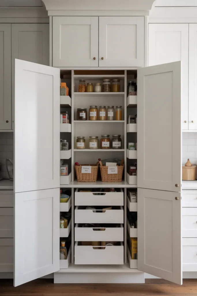 A floor-to-ceiling white shaker pantry cabinet