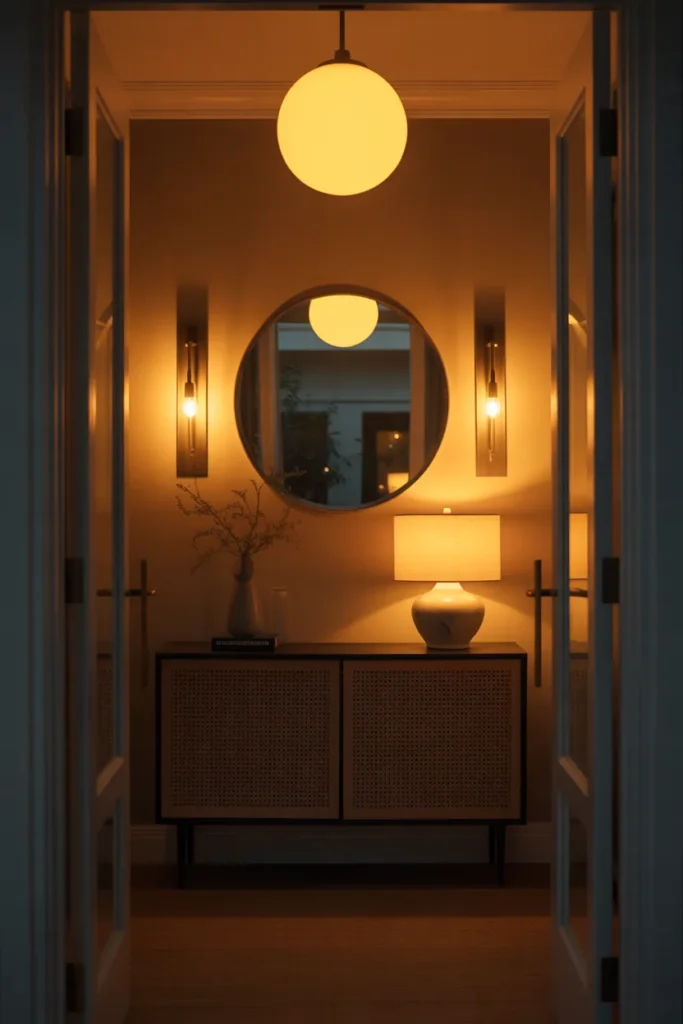 A foyer at dusk with three layers of lighting visible