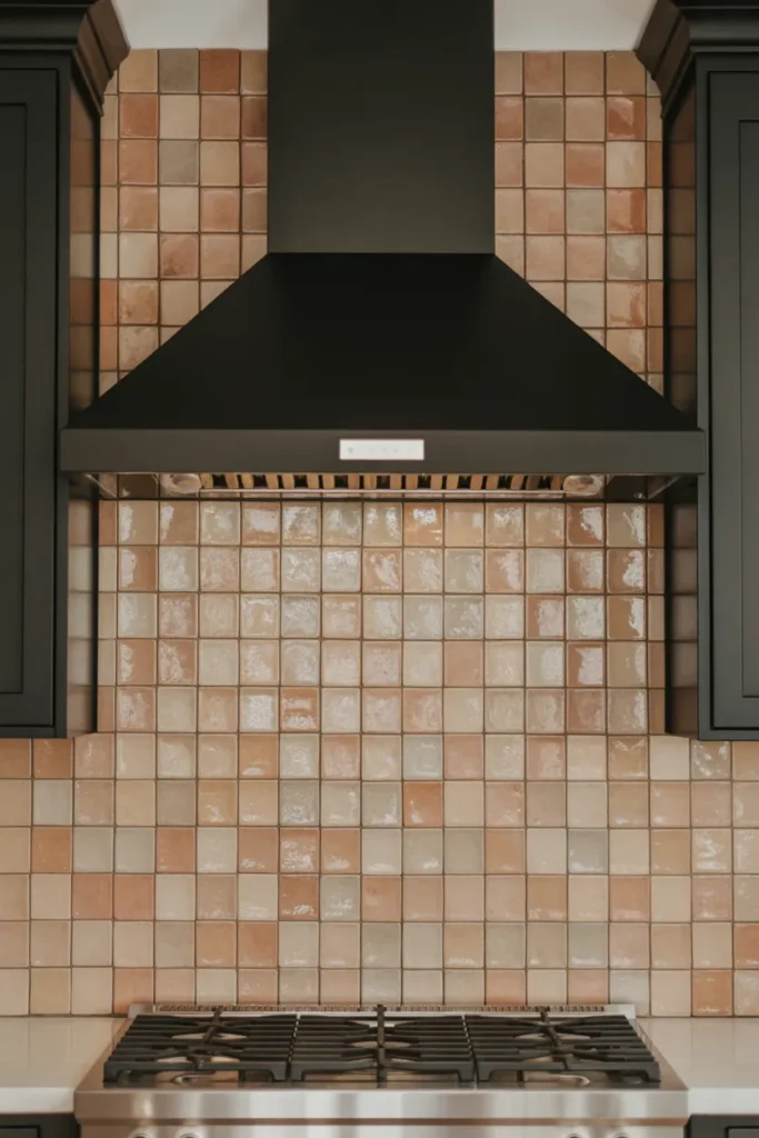 A full-height kitchen backsplash behind a professional-style range