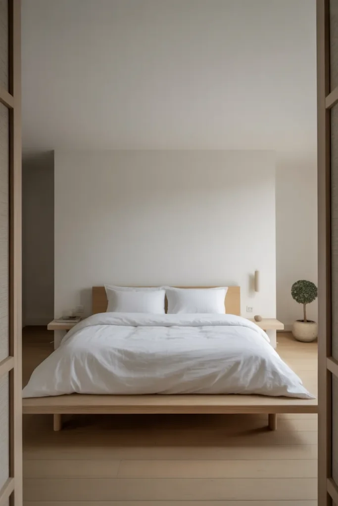 A hyper-minimal master bedroom