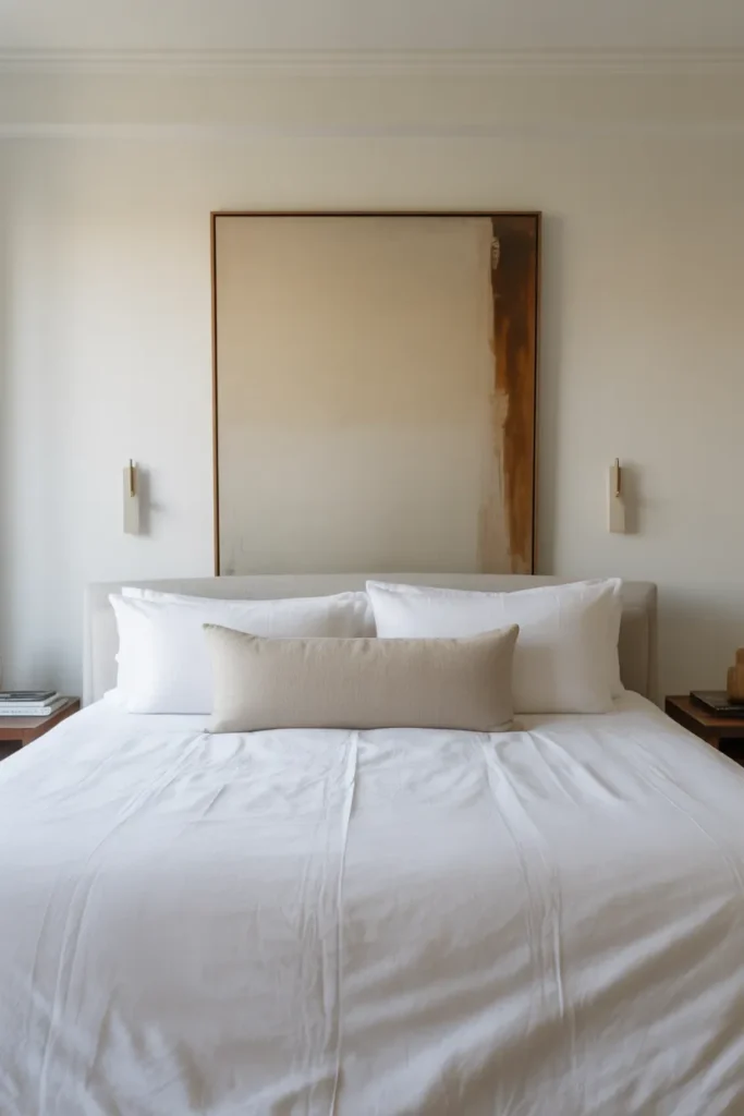 A king-size bed with crisp white linen and one large lumbar pillow sits centered in the room