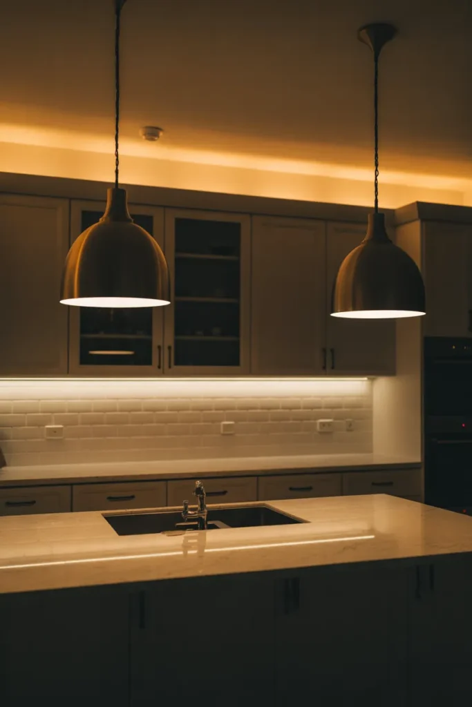 A kitchen at dusk with three distinct lighting layers visible