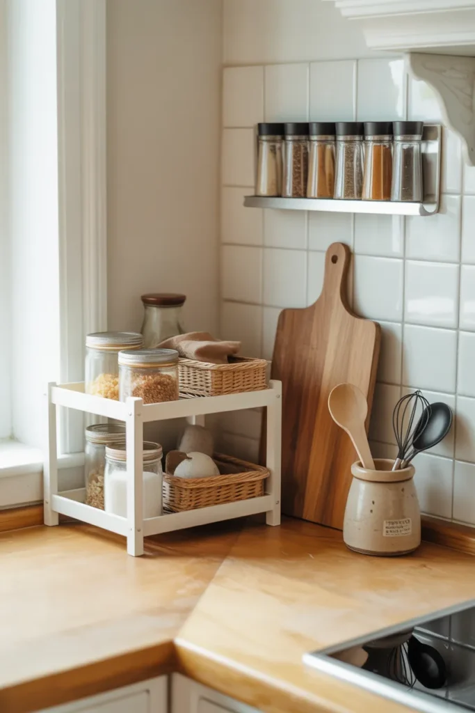 A kitchen counter corner styled as a countertop pantry