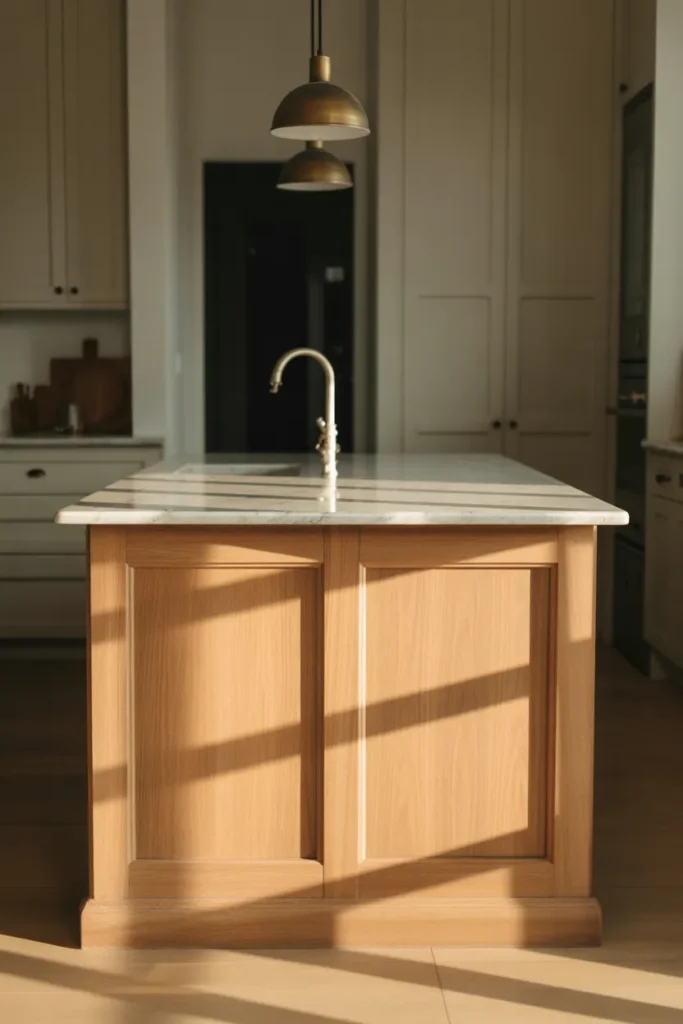 A kitchen island in warm white oak with a honed white marble countertop