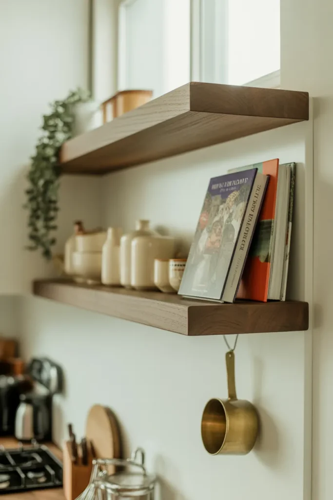 A kitchen open shelf vignette