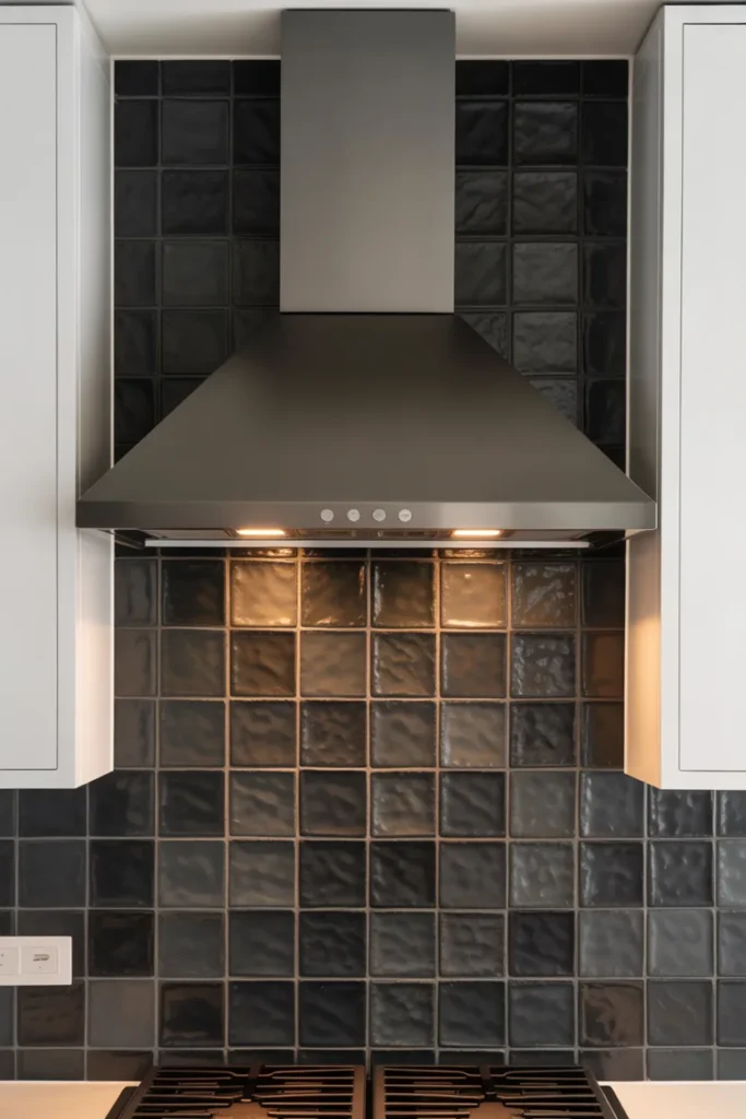 A kitchen range wall with full-height black zellige tile backsplash