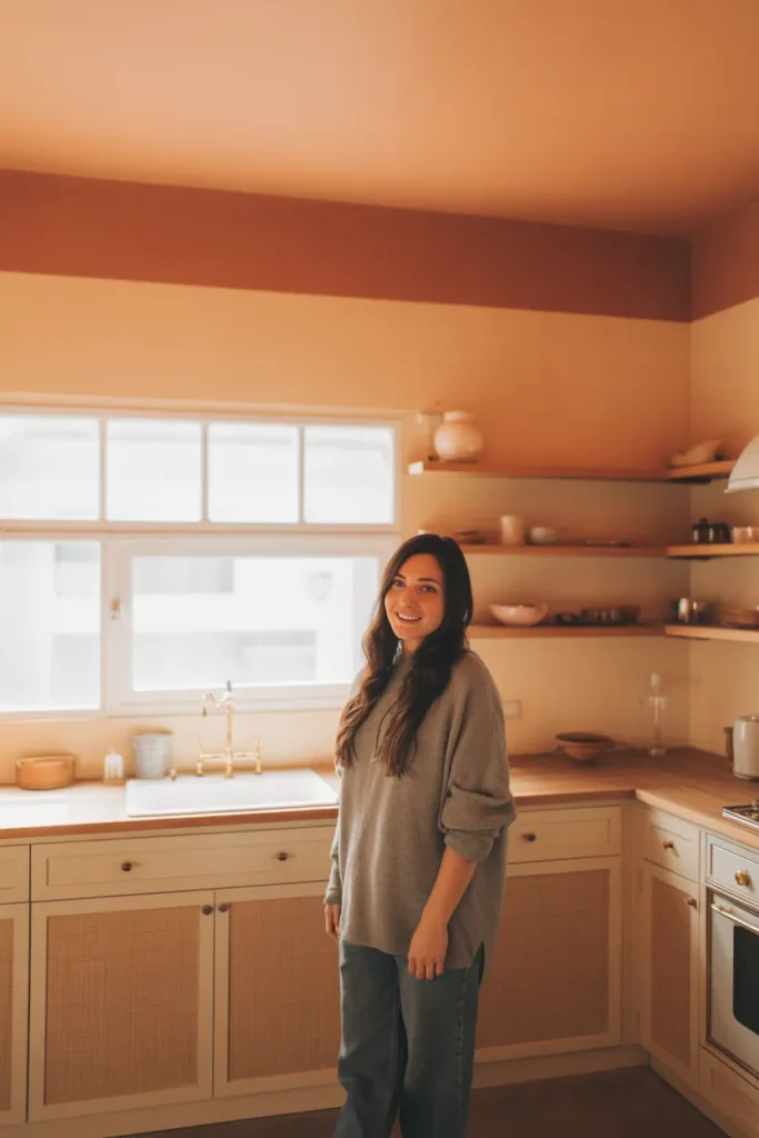 A kitchen with warm linen-toned cabinets