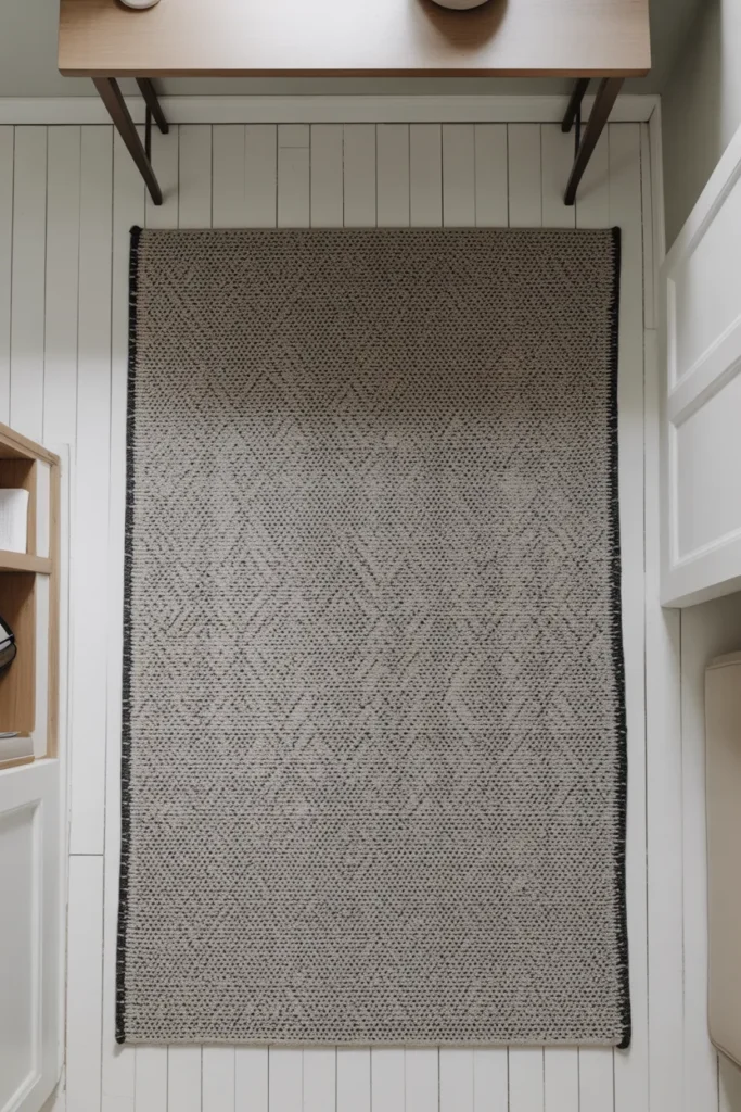 A large black and white geometric flatweave rug filling most of the frame
