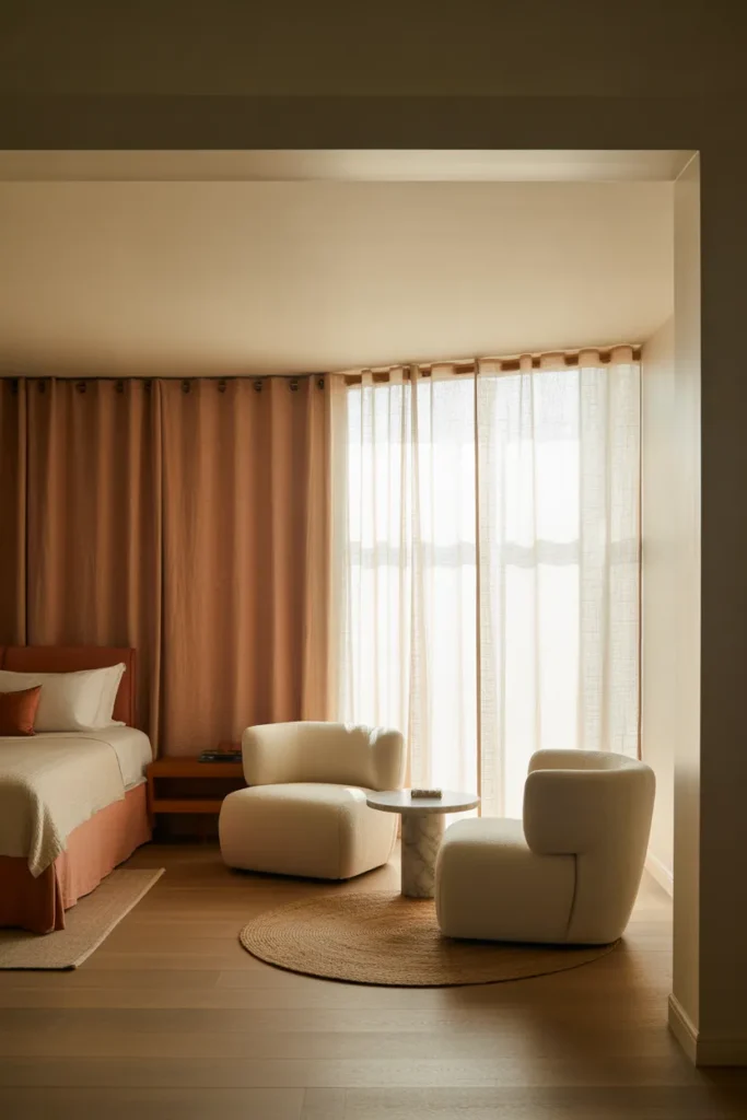 A large master bedroom with a defined sitting area at the foot of the bed