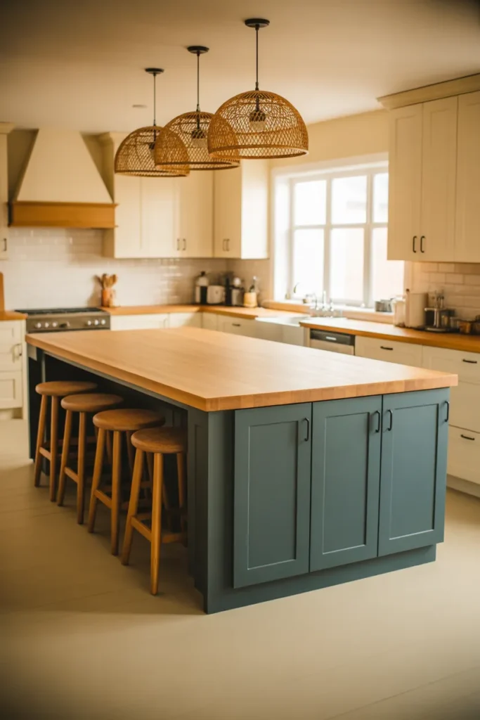 A large rectangular kitchen island with cadet blue shaker cabinet doors and a thick maple butcher block countertop