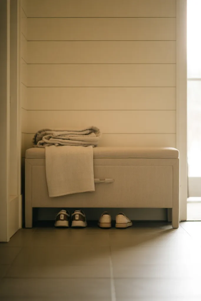 A linen upholstered storage bench against a warm white shiplap wall in a foyer