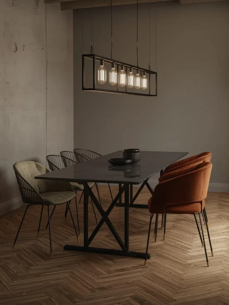 A long rectangular dining table in aged steel with a smoked glass top