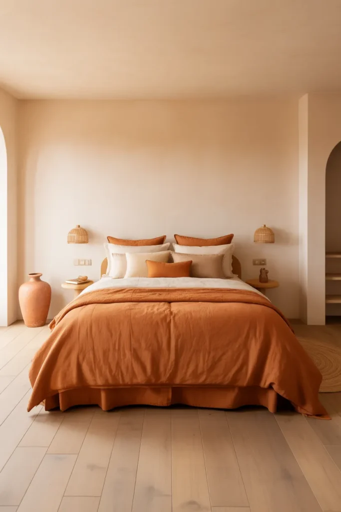 A master bedroom centered around terracotta tones