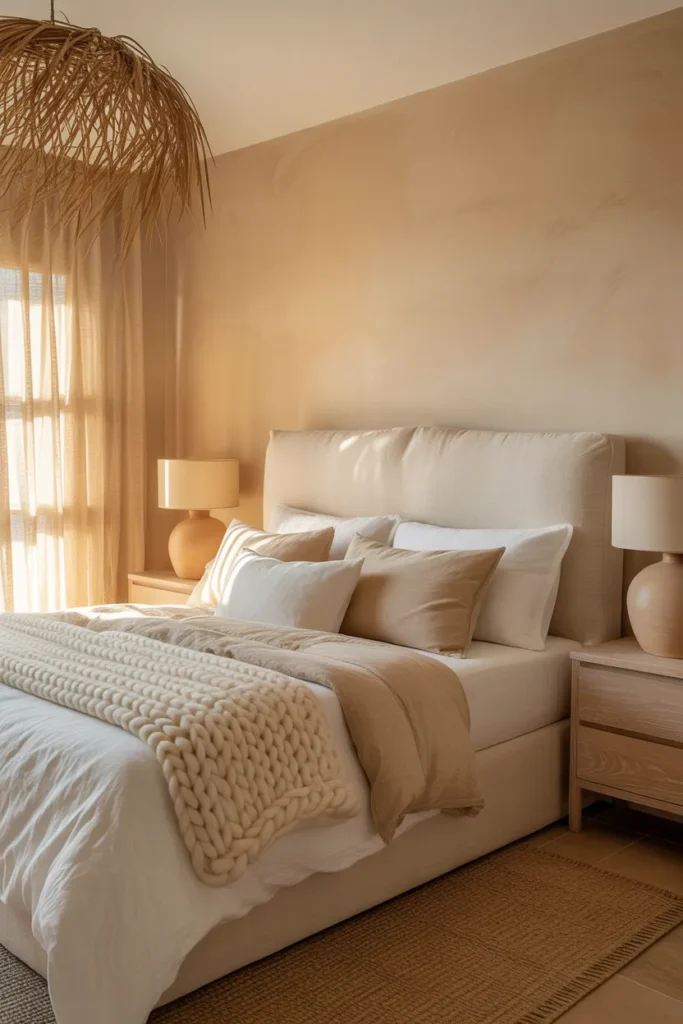 A master bedroom in an all warm neutral palette