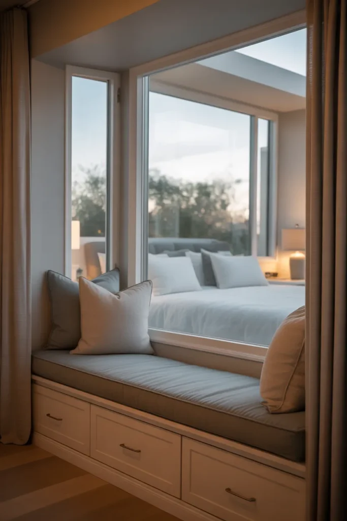 A master bedroom with a built-in window seat beneath a large picture window
