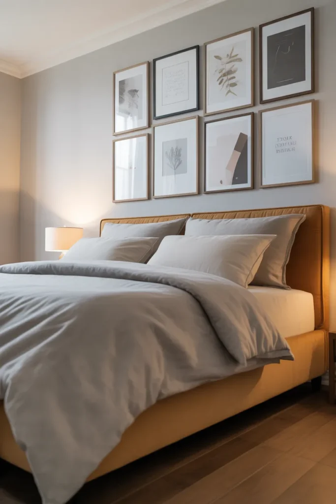 A master bedroom with a carefully arranged gallery