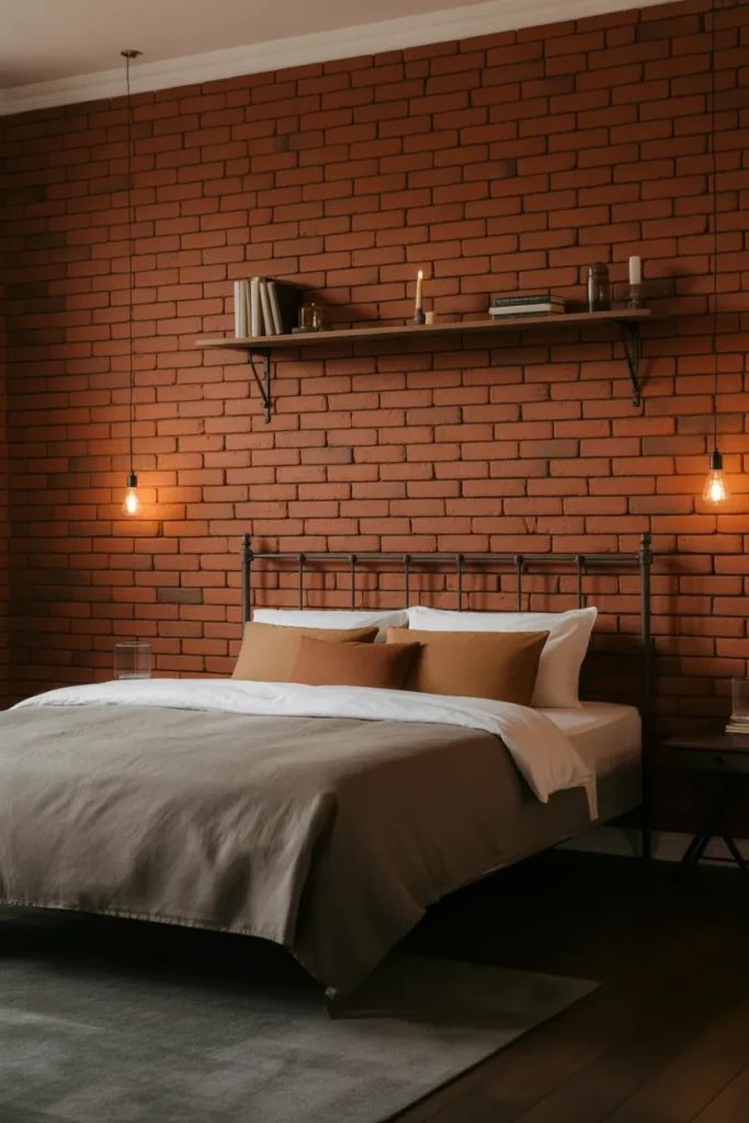 A master bedroom with a full exposed red brick wall behind the bed