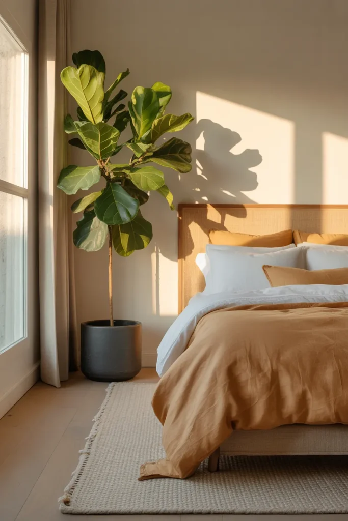 A master bedroom with a large fiddle leaf fig in a matte black ceramic pot