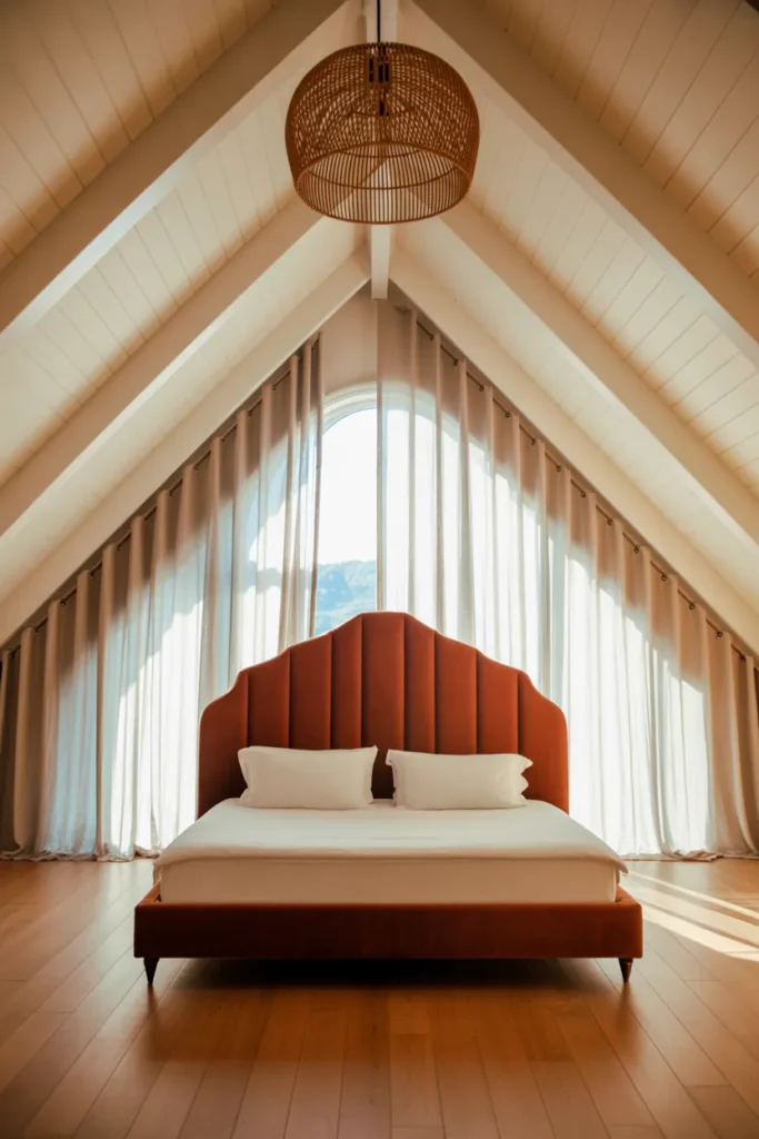 A master bedroom with a steep vaulted white-painted wood plank ceiling