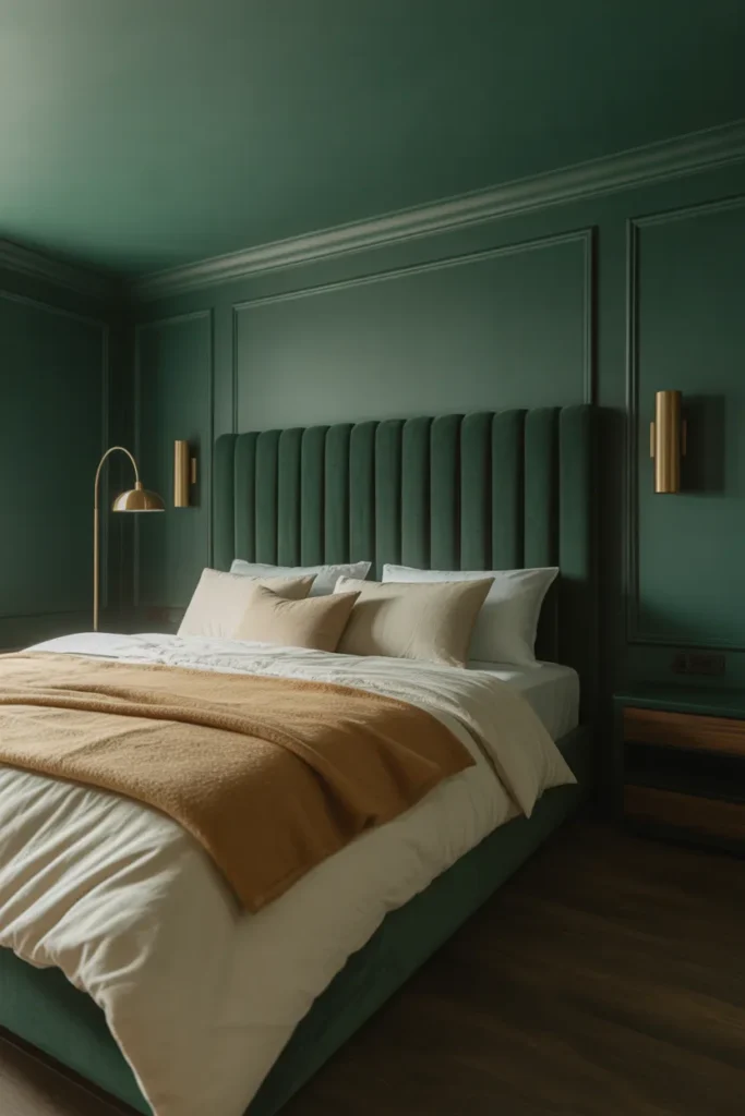 A master bedroom with deep forest green walls and ceiling in matte finish