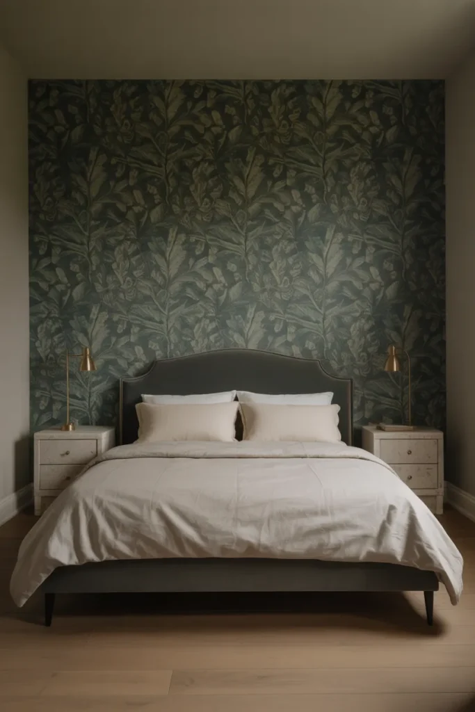 A master bedroom with one statement wallpaper accent wall behind the bed