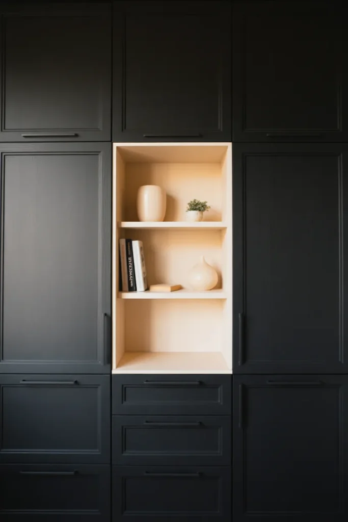 A matte black kitchen with one deliberately light element