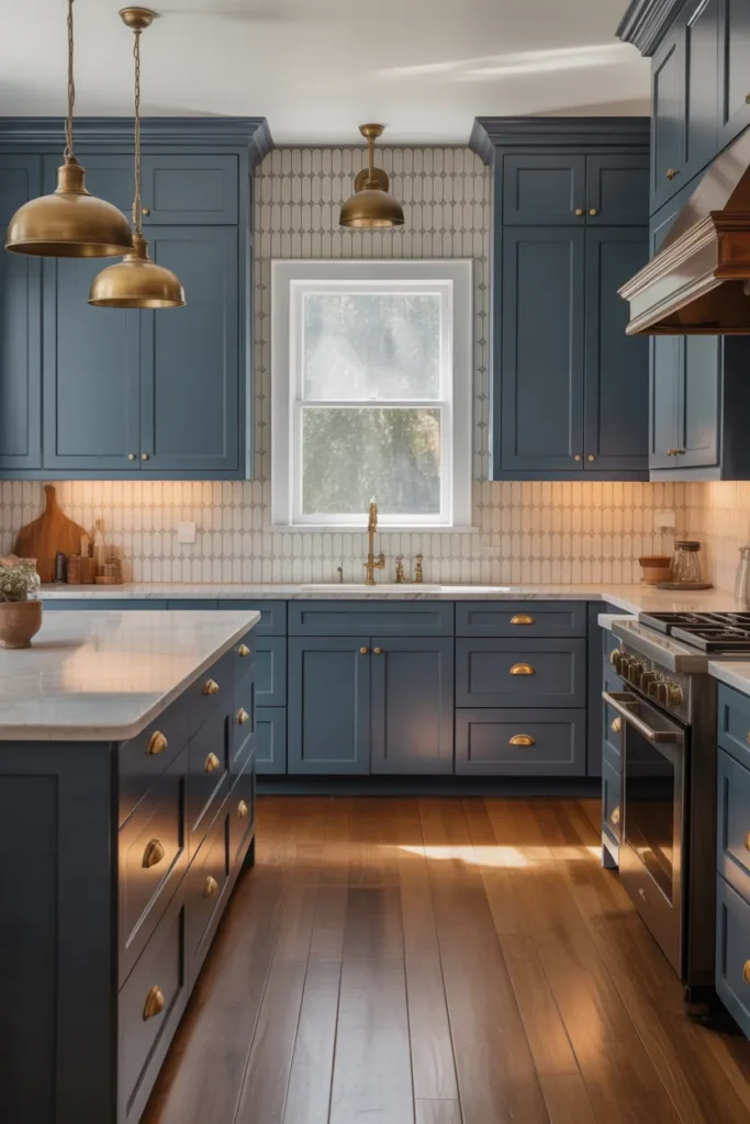 A medium-sized American kitchen with full-height slate blue flat-front cabinets