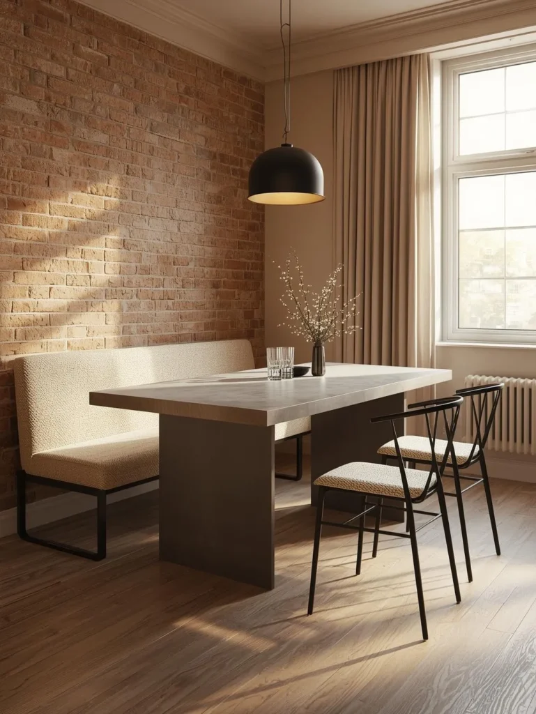 A mid-sized dining room featuring a rectangular concrete-finish dining table