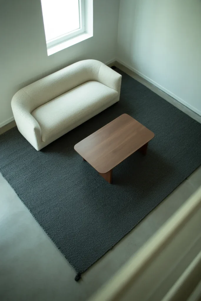 A minimal living room with a charcoal flatweave area rug