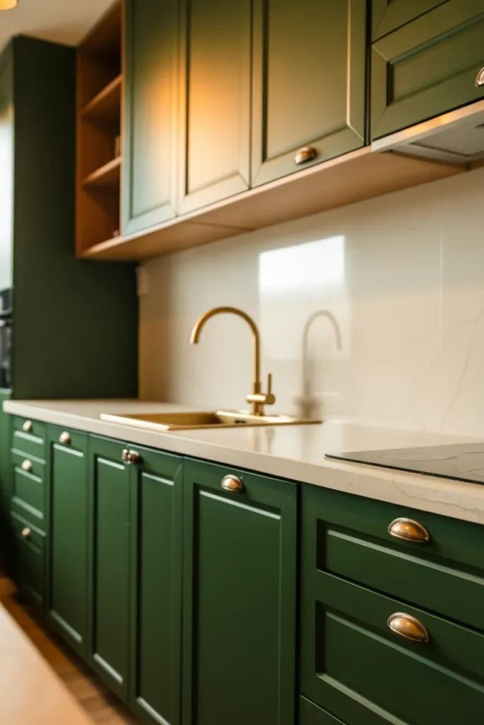A modern kitchen with deep forest green lower cabinets and warm cream upper cabinets