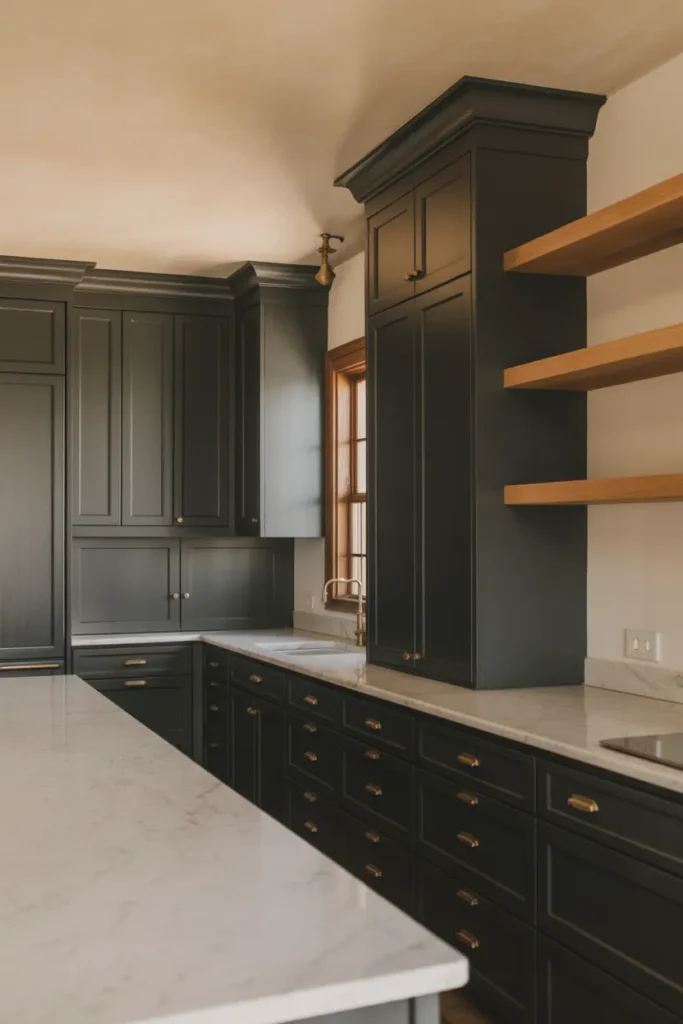 A modern kitchen with full matte black shaker cabinets