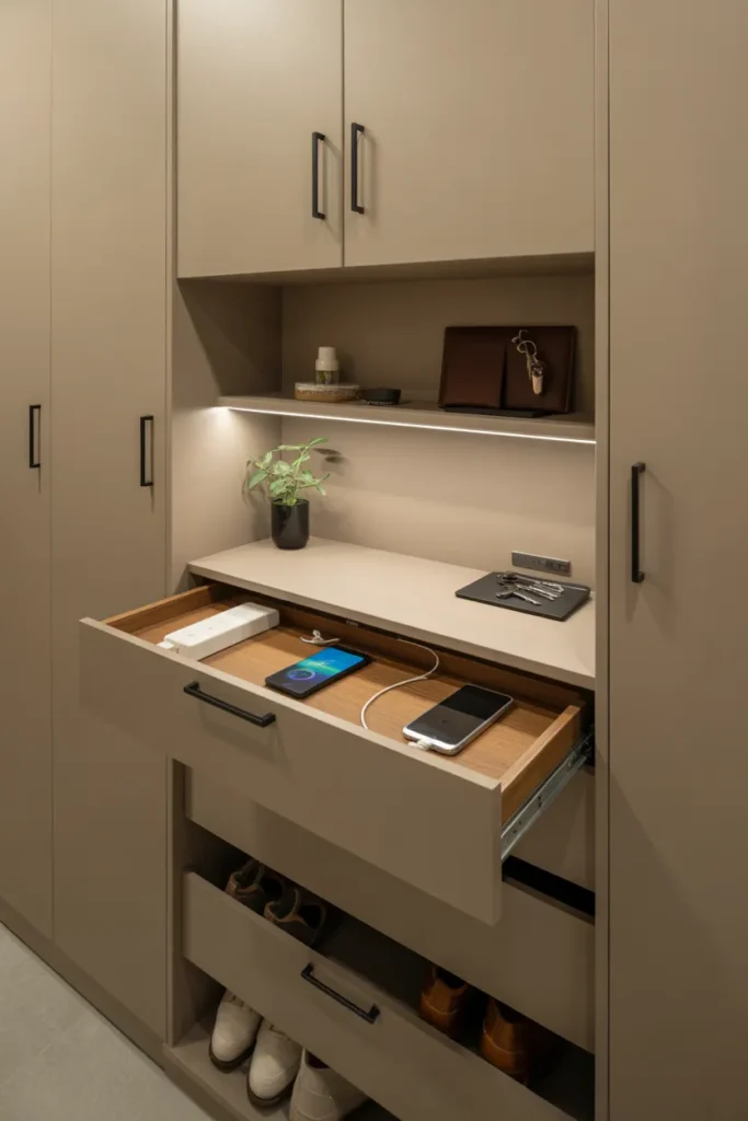 A modern mudroom with a built-in charging drawer at waist height