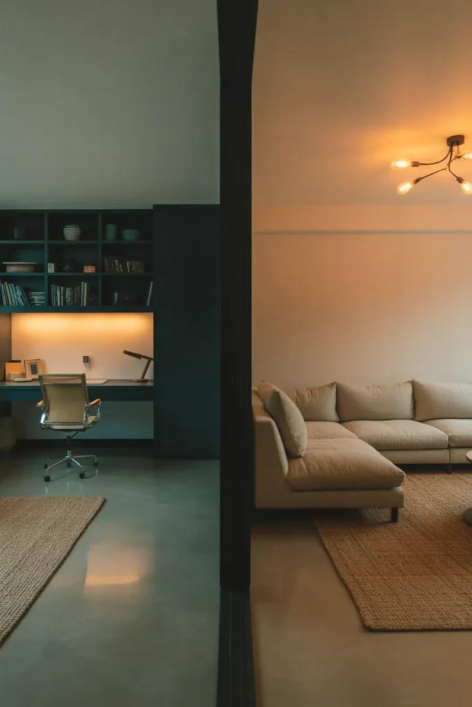 A modern open-plan basement divided into two zones