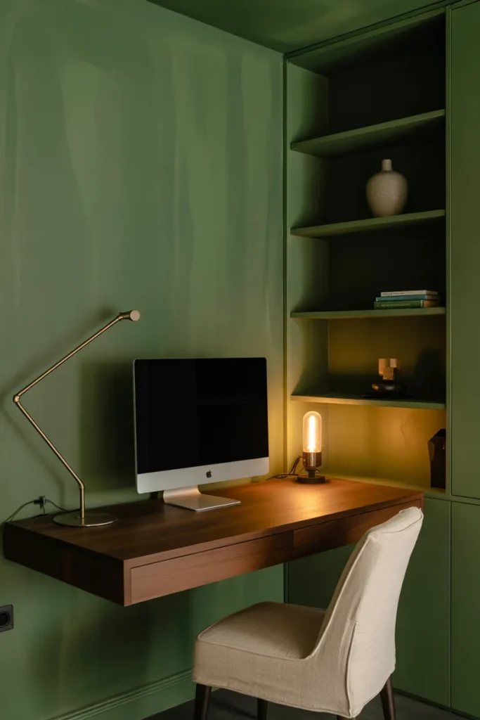 A moody basement home office with a floating walnut desk centered against a deep forest green limewash wall