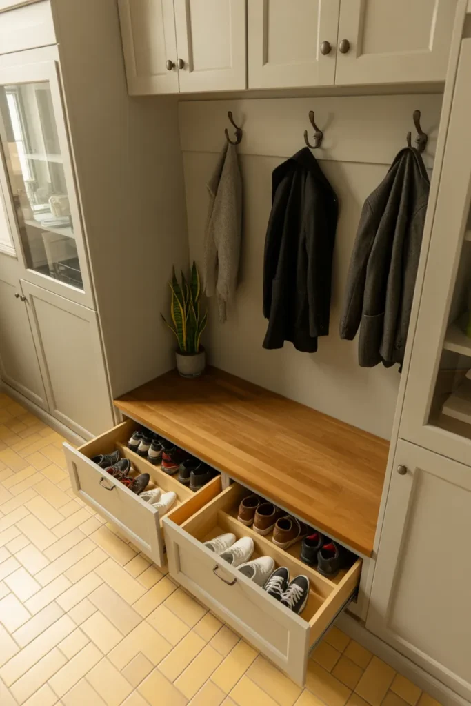 A mudroom bench with three pull-out shoe drawers below it