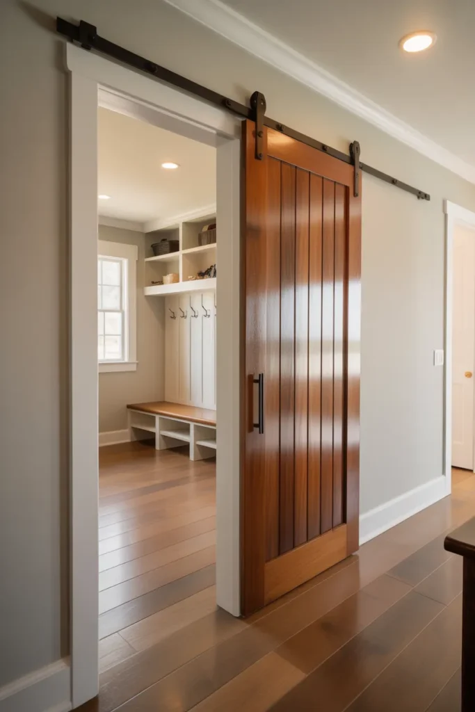 A mudroom entry with a solid white-painted wood barn door