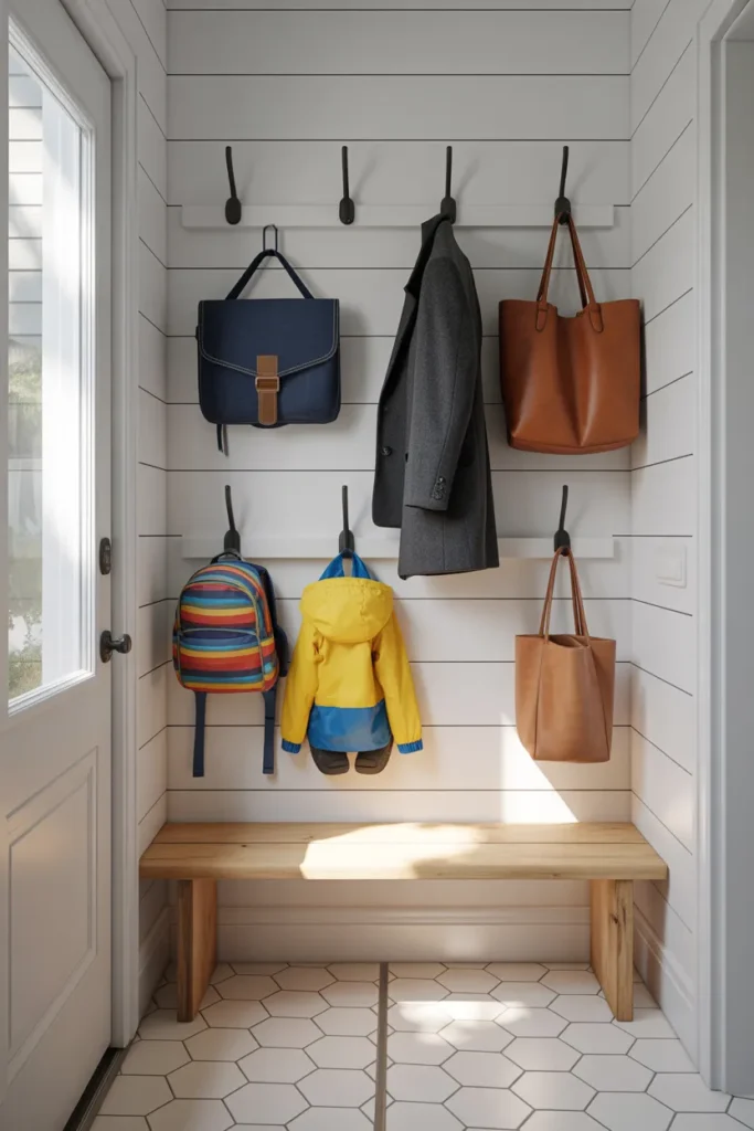 A mudroom hook wall with three horizontal rows of matte black hooks